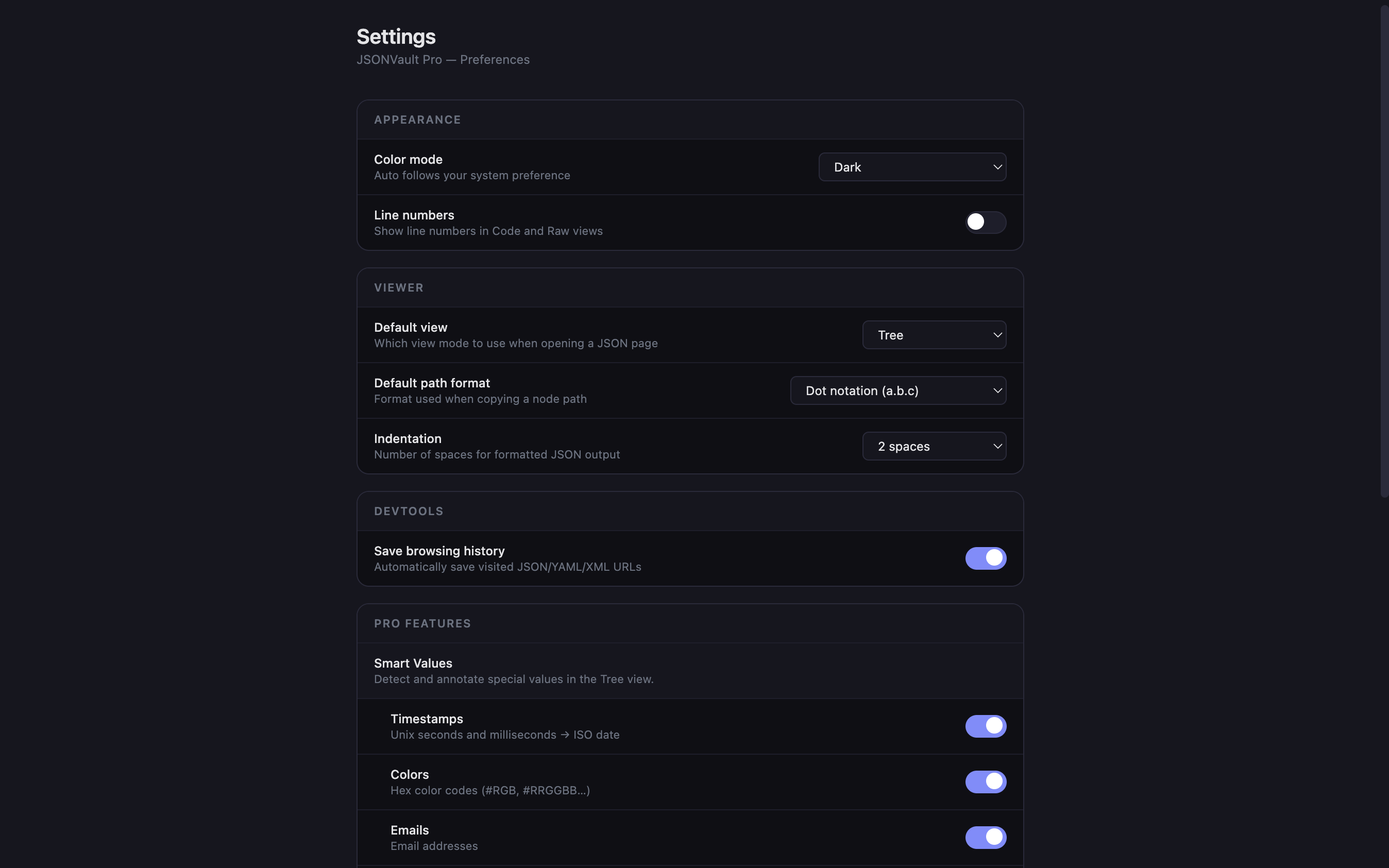 Panneau des paramètres